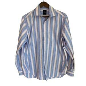 Tailorbyrd Blue, White and Orange Striped Dress Shirt - Large